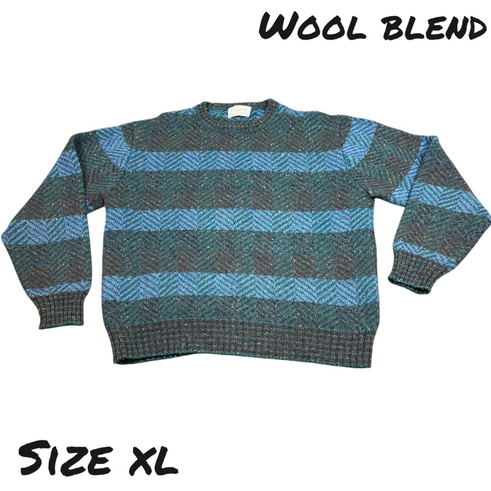 VTG 90s Sweater Striped Mens XL Crewneck Grandpa Core Fisherman Chunky Knit Blue
